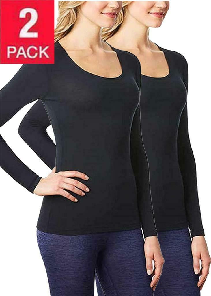 32 DEgREES Womens Lightweight Baselayer Scoop Top Long Sleeve Form Fitting  4-Way Stretch Thermal, Black, Large 