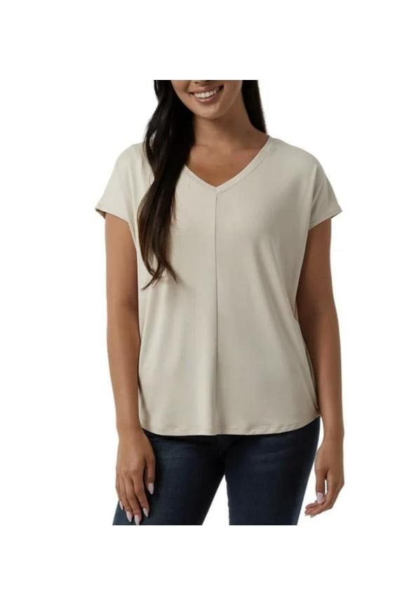 Cool Women's Soft Luxe Short Sleeve V-Neck Top (US, Alpha, X-Large, Regular, Regular, Pumice Stone (Tan))