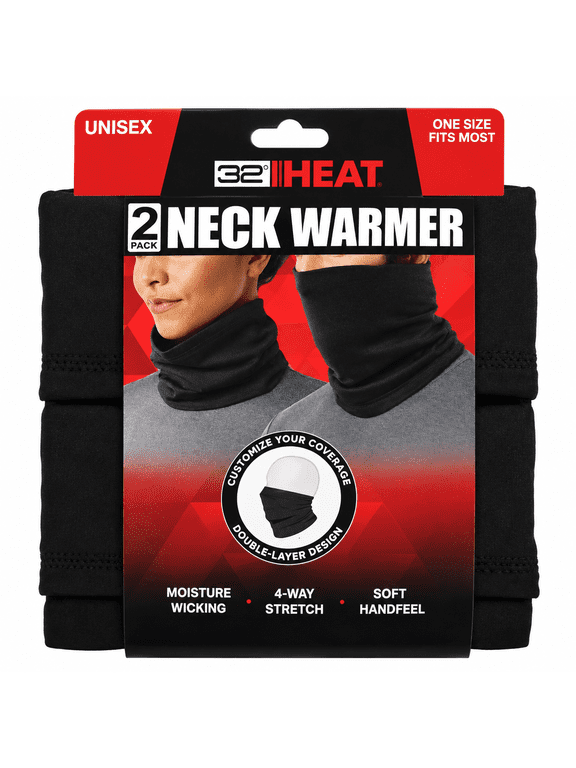 HEAT Unisex Neck Warmer 2-Pack, Black, Double-Layer Stretch Thermal Neck Gaiter