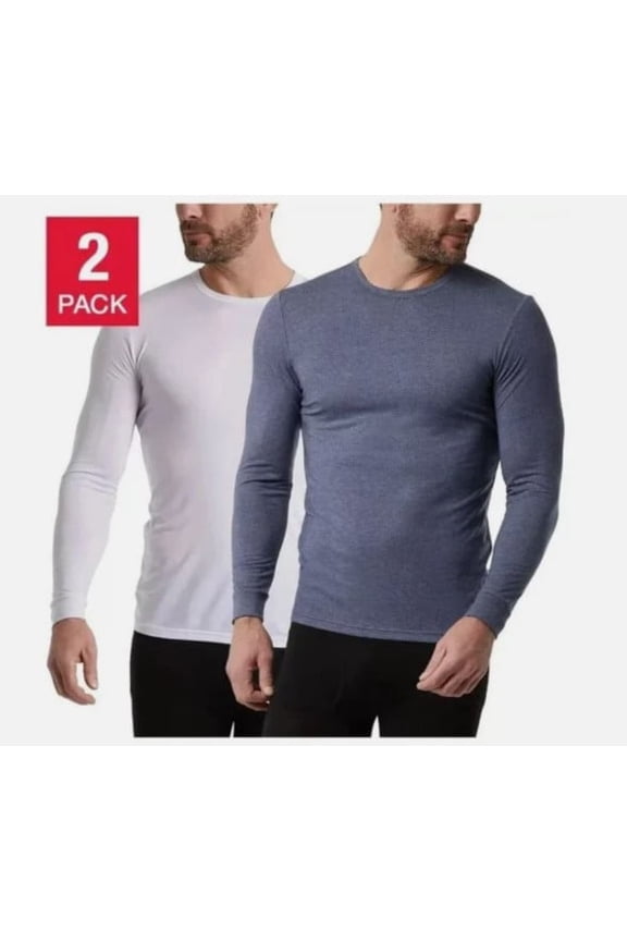 Heat Mens Long Sleeve Crew Neck Shirt, 2-Pack White & Heather Blue, Large