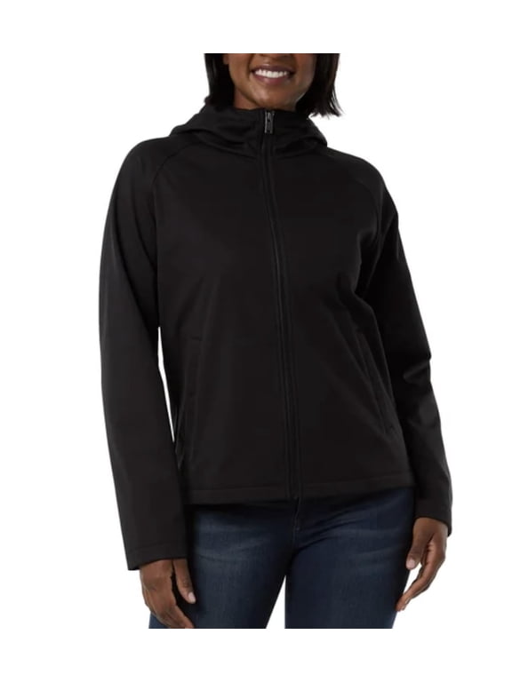Heat Women's Fleeced Line Hooded Full Zip Softshell Jacket, Black, X-Small