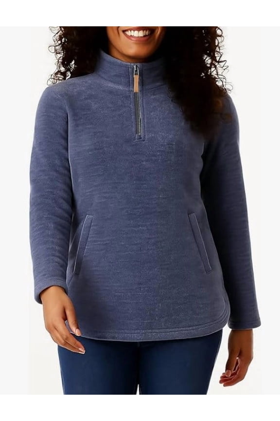 Heat - Women's Mock Neck Fleece 1/4 Zip Pullover Sweater w/ Pockets - Color Blue - Size Large