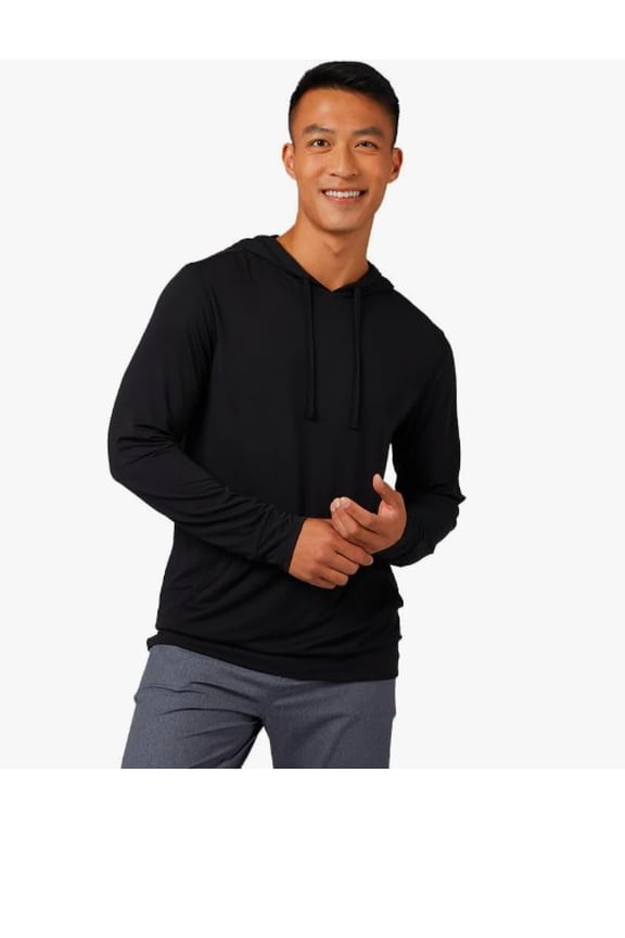 Men's Cool Classic Long Sleeve Hooded T-Shirt | Anti-Odor | 4-Way Stretch | Moisture WickingL,BLACK