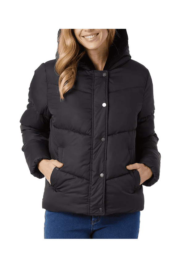Womens Quilted Jacket with Plush Lined Hood Black Medium