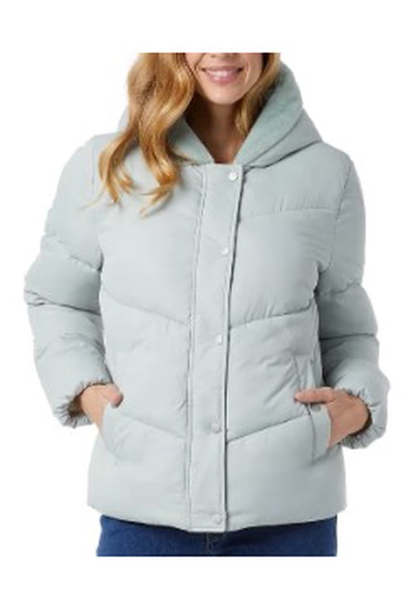 Womens Quilted Jacket with Plush Lined Hood - Green - Small