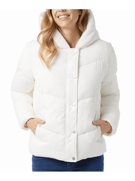 Womens Quilted Jacket with Plush Lined Hood White 3X