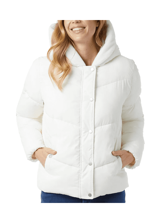 Womens Quilted Jacket with Plush Lined Hood White Large
