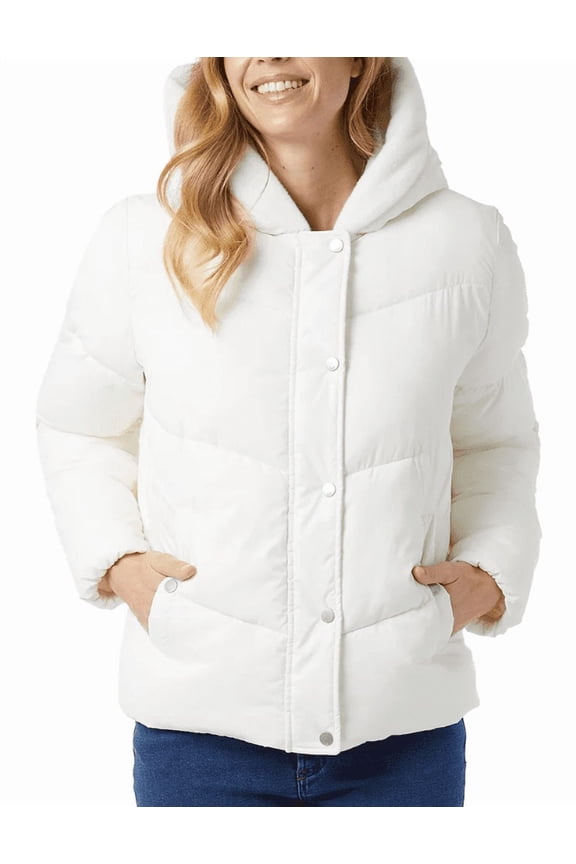 Womens Quilted Jacket with Plush Lined Hood White Medium
