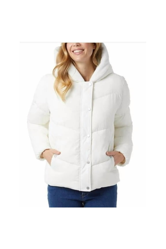Women's Quilted Jacket with Plush Lined Hood, White, XXL