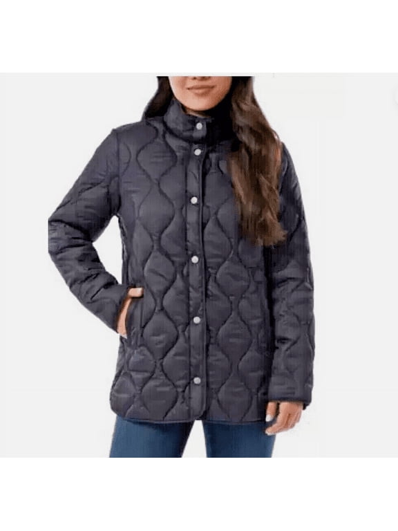 Women's Quilted Mockneck Lined Snap Jacket Coat, Navy, Small