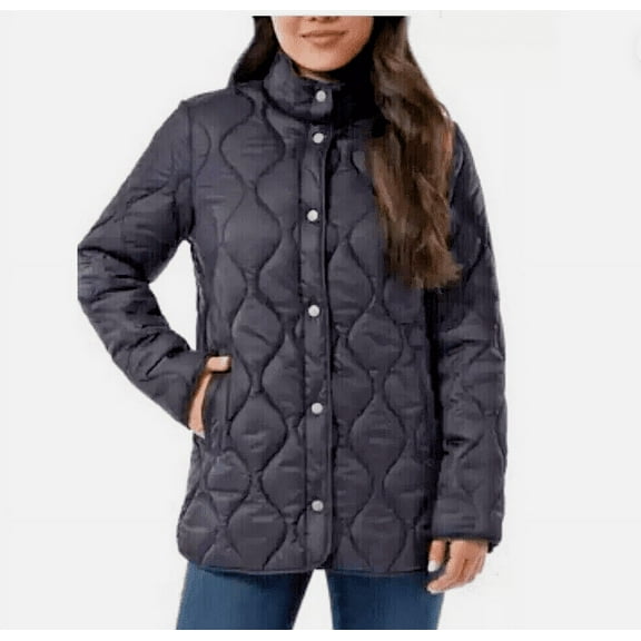 32 Degrees Women's Quilted Mockneck Lined Snap Jacket Coat, Navy, XL