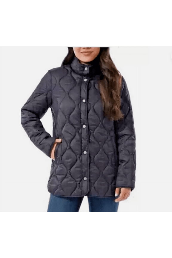 Women's Quilted Mockneck Lined Snap Jacket Coat, Navy, XL