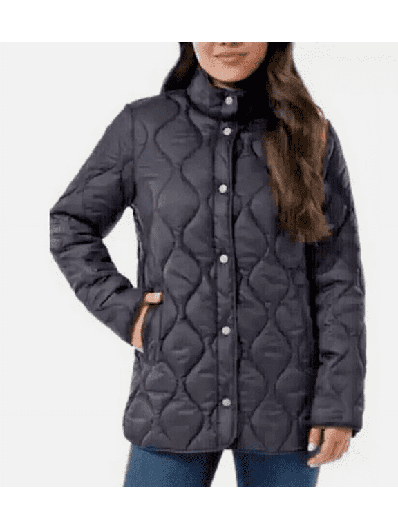 Women's Quilted Mockneck Lined Snap Jacket Coat, Navy XS