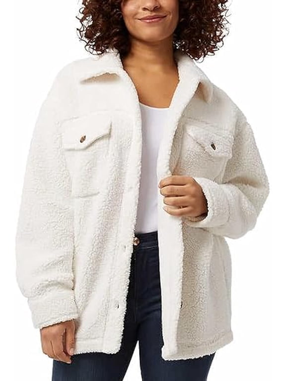 Womens Cozy Fleece Shirt Jacket Oversized Cream XS/S