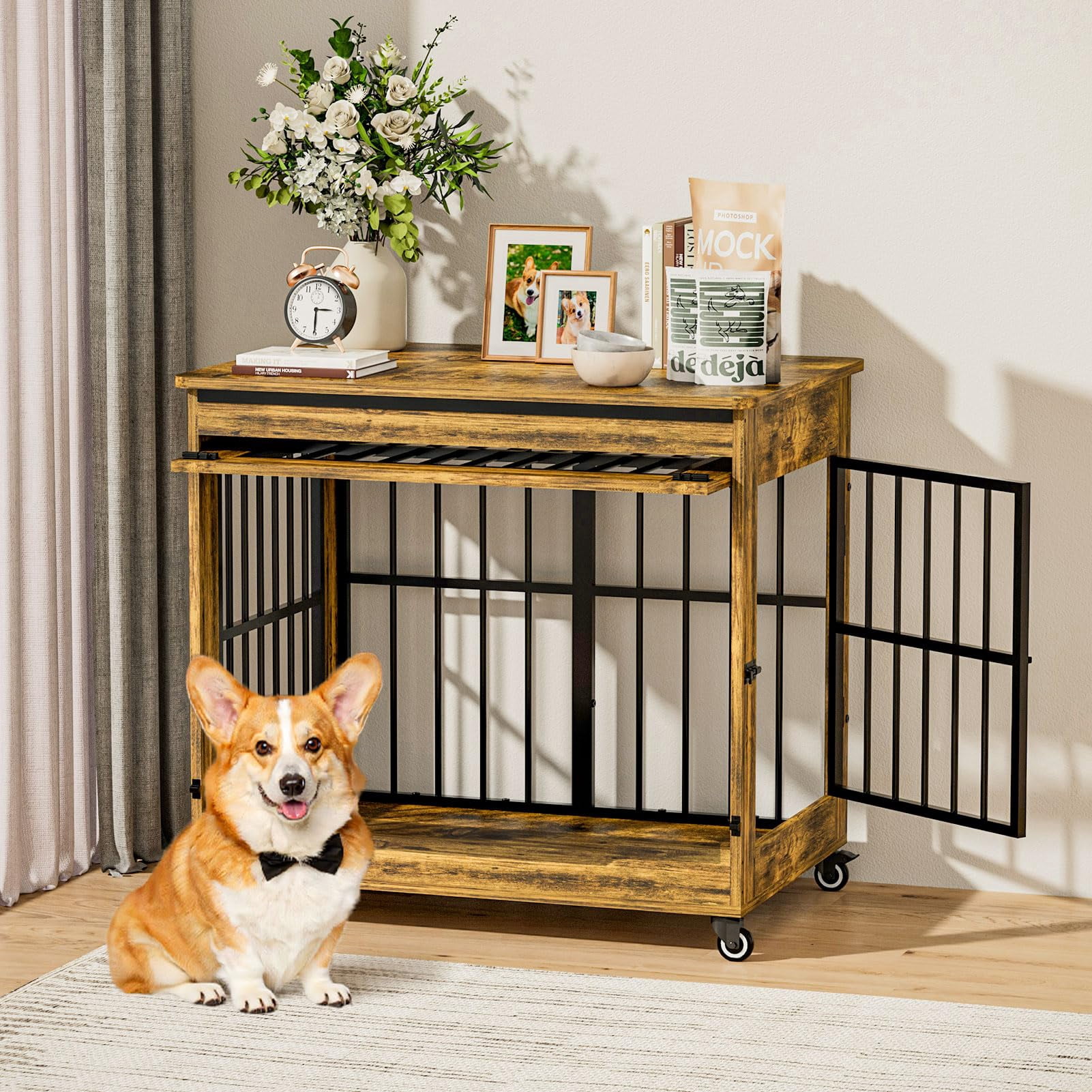32" Dog Crate Furniture, Double Door Pet Cage End Table with Wheels for Medium and Small Breed Dogs