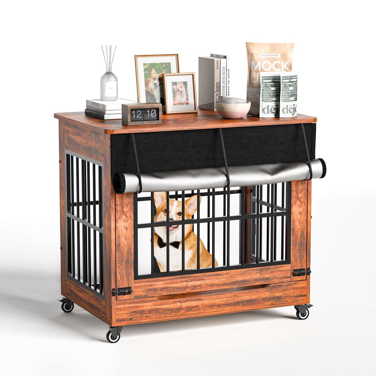 32" Dog Crate Furniture, Wooden Dog Kennel with Double Doors & Wheels, Indoor Dog Cage End Table for Small & Medium Dogs, Furniture Style Pet Crate, Brown