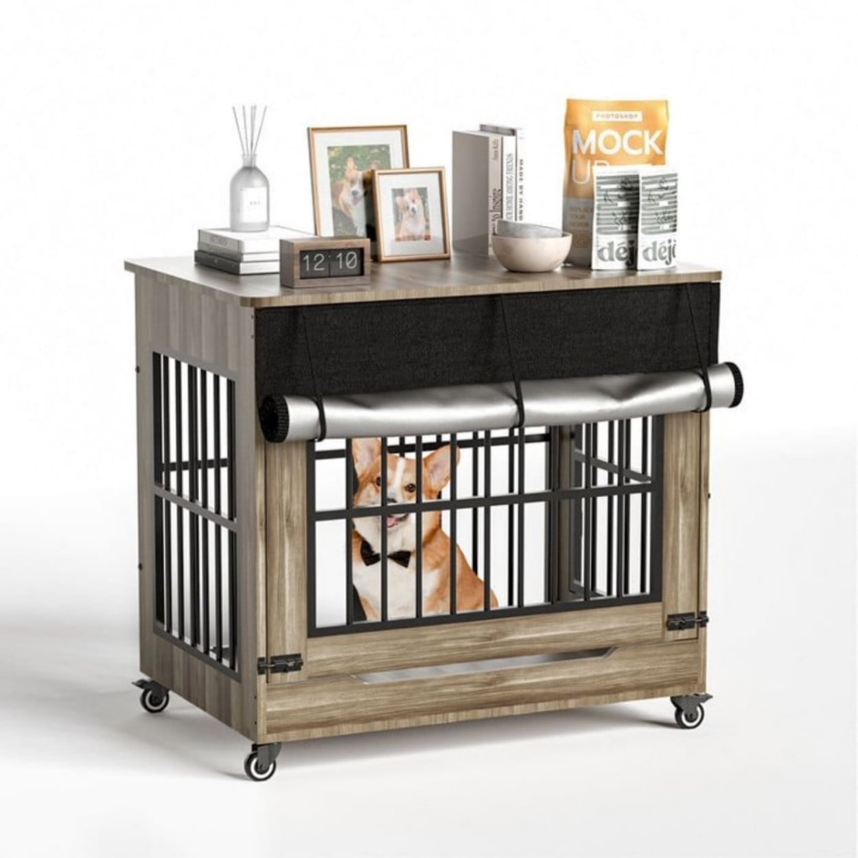 32" Dog Crate Furniture, Wooden Dog Kennel with Double Doors & Wheels, Indoor Dog Cage End Table for Small & Medium Dogs, Furniture Style Pet Crate, Greige