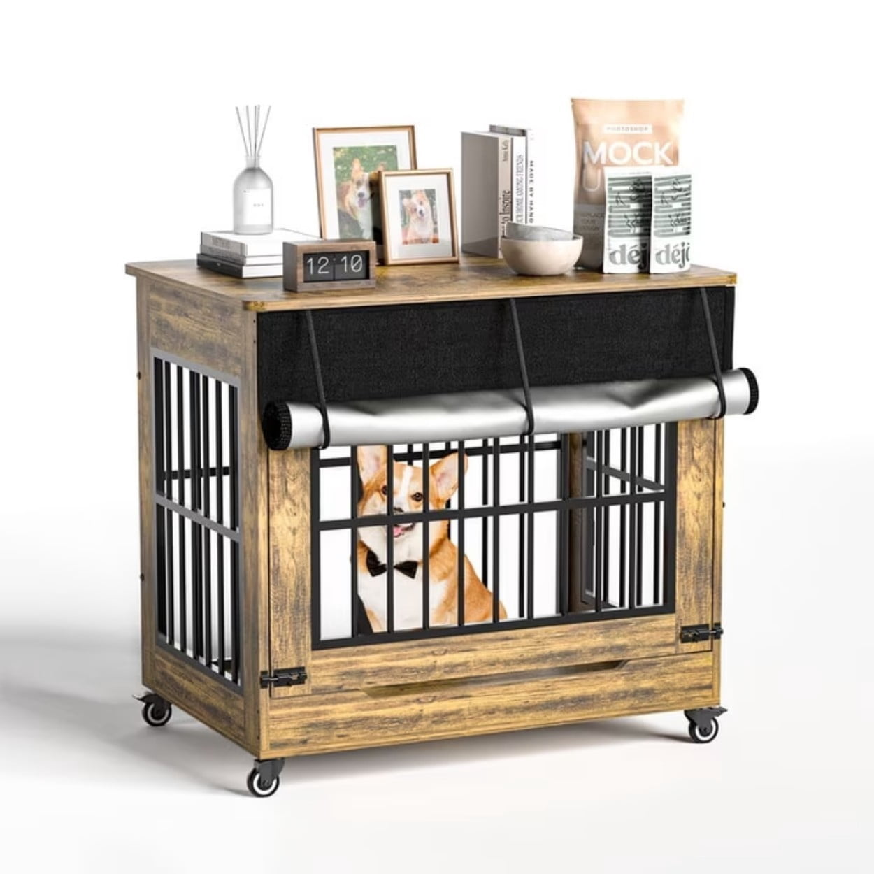 32" Dog Crate Furniture, Wooden Dog Kennel with Double Doors & Wheels, Indoor Dog Cage End Table for Small & Medium Dogs, Furniture Style Pet Crate, Rustic Brown