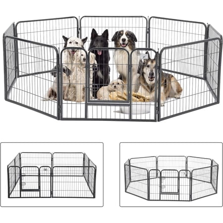32" Dog Fence Pet Gate Dog Kennel Dog Playpen Puppy Playpen 8 Panels with Door Heavy Duty Portable Metal Dog Pen Exercise Pen Dog Gate for Pet Animals Indoor Outdoor, Hammigrid