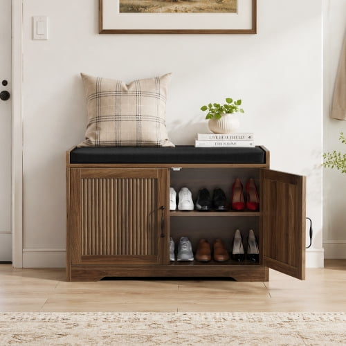 32" Double Door Storage Seating Bench, Sitting Bench Thick Cushioned Top, Bench For Bedroom Scratch Resistant Surface for hallway entry closet space, Walnut