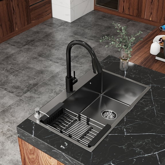 32" Drop In Kitchen Sink Stainless Steel Black Single Sink,Modern Design Durable With Multiple Accessories