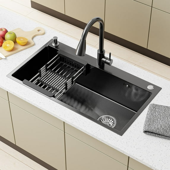 AMENDPATURE 32" Drop in Kitchen Sink Stainless Steel Black Single Sink,Modern Design Durable with Multiple Accessories,Net Content:17LB