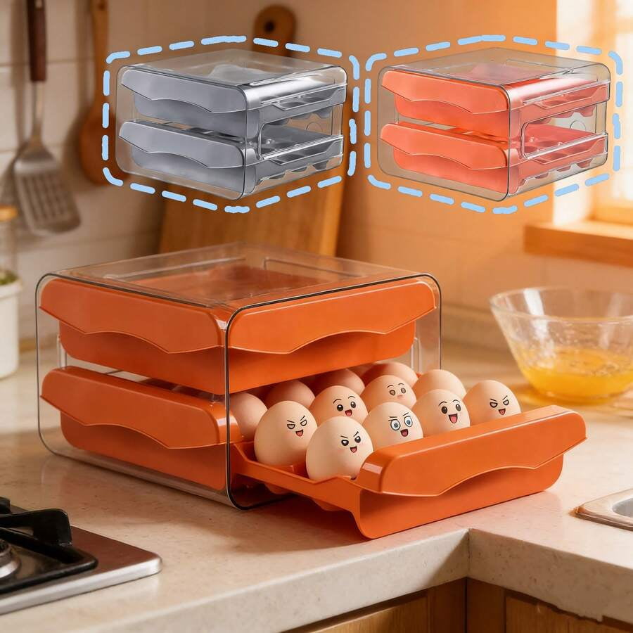 32 Egg Capacity Refrigerator Egg Drawer, Stackable Plastic Egg Container, Clear Egg Holder With 2 Drawers, Fridge Organizer For Kitchen Storage /orange