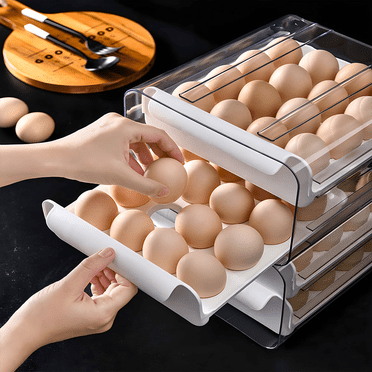32 Egg Trays- Egg Organizer for Refrigerator, Tcwhniev 2-Tier Plastic Fridge Egg Storage Containers with Lid & Handle, Stackable Egg Holder for Refrigerator, White
