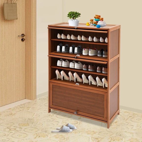 32" Entryway Bamboo 6-Tier Shoe Organizer Storage Cabinet w/ 3 Flip-Up Door 70*32*106cm for Gardens, Terraces, Porches