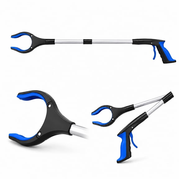 32" Foldable Reacher Grabber Tool, Extra Long Heavy Duty Pickup Stick with Ergonomic Trigger Handle for Seniors, Trash Pickup & Recovery Aid, Blue