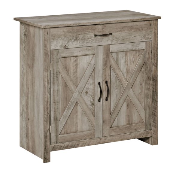 32" Farmhouse Buffet Sideboard Cabinet, Barn Door Coffee Bar - Gray Wash