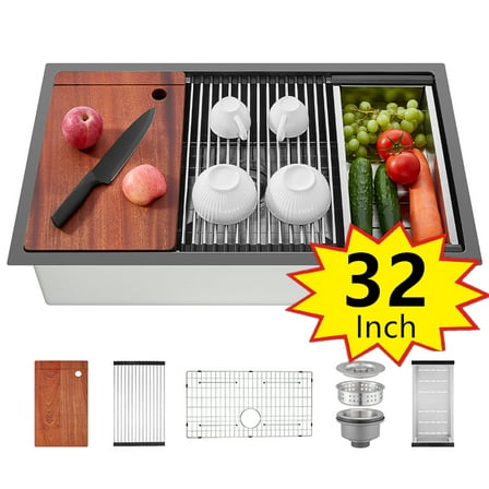 32" Farmhouse Single Basin Stainless Steel Sink, Undermount Kitchen Sink, 5-in-1