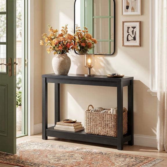 32" Farmhouse Wood Narrow Console Table with Open Storage Shelves: Entryway/Sofa Table, Easy Assembly, Embossed Wood,Black