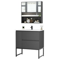 32" Floor Bathroom Vanity with Mirror Cabinet & Top Sink Combo Set, Modern Bath Room Storage and Makeup Solution with 2 Drawers & 3 Shelves, Gray