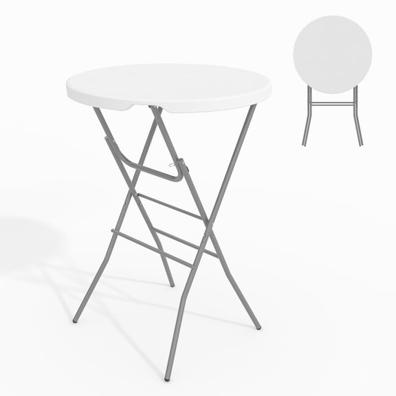 32" Folding Cocktail Table Round High Top Table HDPE Foldable Bar Tables with Metal Frame Locking desktopspray coating White Gray