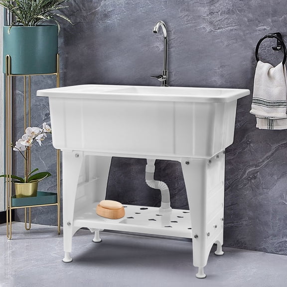 32" Freestanding Laundry Sink with 360 Rotatable Faucet, Drain Board, and Washboard, Ergonomic, Stable, Easy Installation for Laundry Room, Garage, or Utility Room