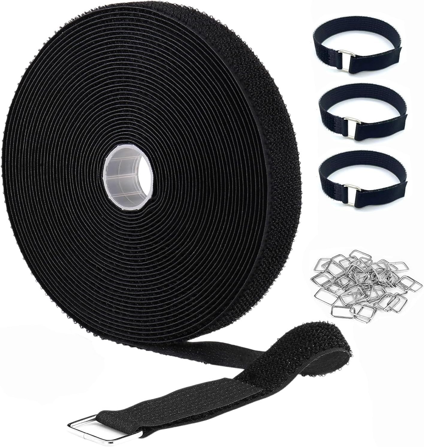 32 Ft Hook and Loop Straps with 50 Metal Buckles, 1 inch Wide ...