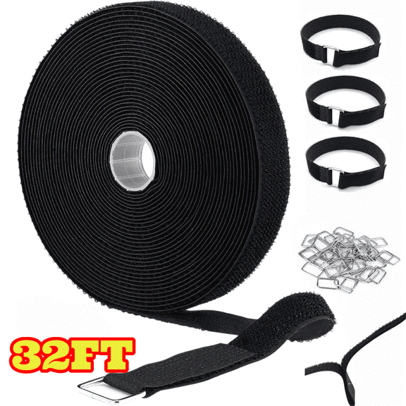 32 Ft Hook and Loop Straps with 50 Metal Buckles, Adjustable Fastening Cable Straps, Reusable Nylon Securing Cord Ties for Organizer or Storage