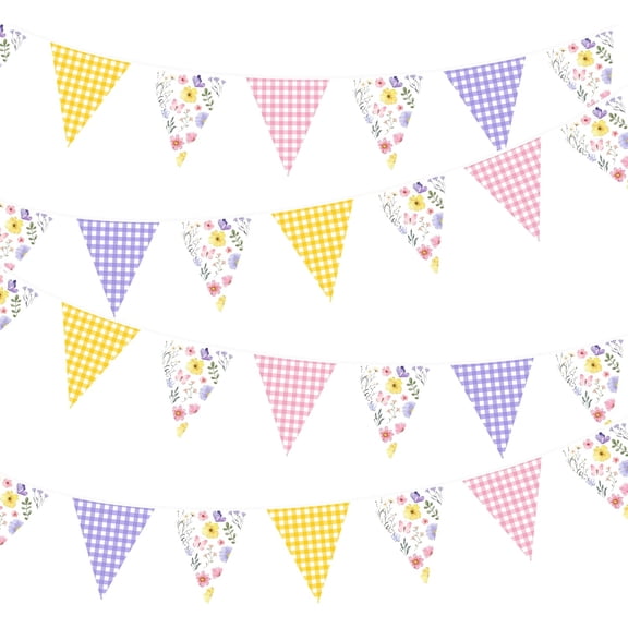 32‑Ft Wildflower Floral Fabric Pennant Banner Garland, Pink Purple Yellow Gingham Triangle Flag Streamers for Easter, Spring, Birthday, Baby Shower & Picnic Party Decorations