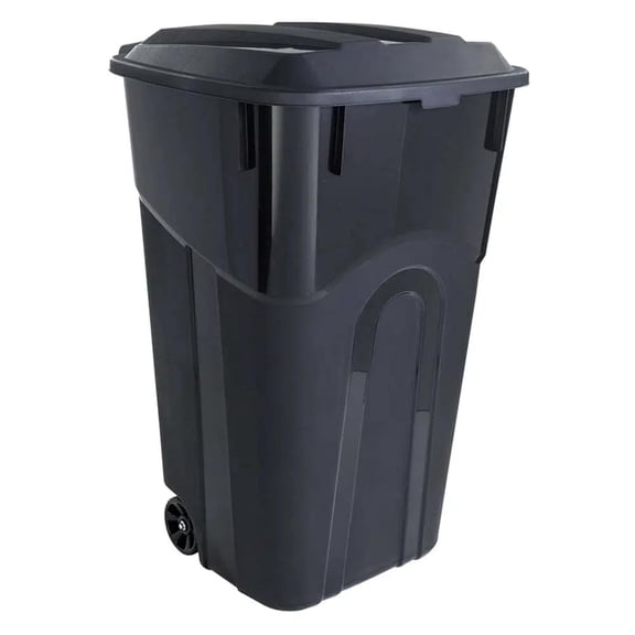 32 Gallon Heavy Duty Wheeled Plastic Garbage Can with Attached Lid and Easy Grip Handle – Bottom Hand Groove, Rugged Wheels, Indoor Outdoor Trash Can for Home, Kitchen, Yard, Patio (1)