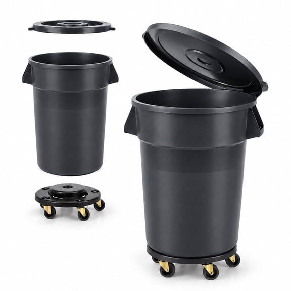 32 Gallon Outdoor Trash Can with Wheels, Rolling Trash Can with Lid & Sturdy Handle, Commercial Round Trash Cans, Outdoor Garbage Can for Kitchen, Garage, Backyard and Patio
