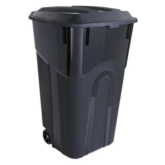 32-Gallon Plastic Trash Can with Attached Lid and Wheels, 120 Liter Outdoor Garbage Bin, Black