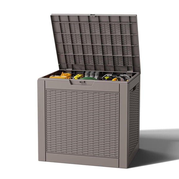 32 Gallon Resin Outdoor Storage Deck Box, Waterproof Lockable Patio Storage Bin with Wood Grain, Multipurpose Indoor & Outside Storage Container for Garden Tools, Cushions & Pool Supplies