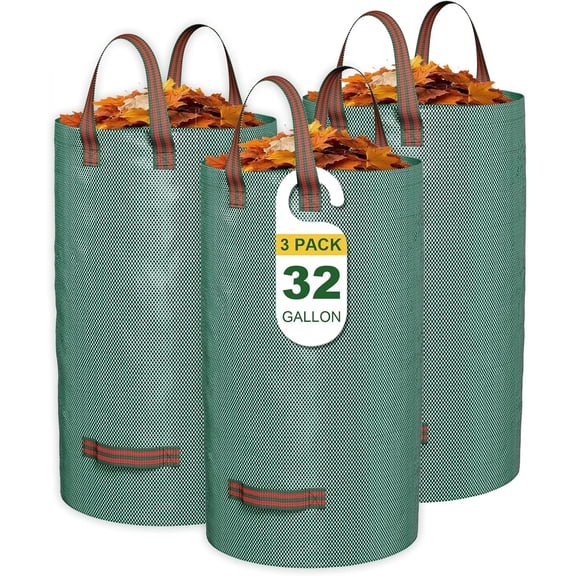 32 Gallon Reusable Yard Waste Bag, Heavy Duty, Upright Lawn Bags with 4 Reinforced Handles for Garden Leaves and Waste Collection, Lightweight and Portable (3 Pack)