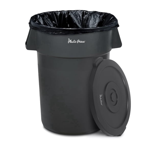 Plastic Prince 32 Gallon Round Trash Can Container with Lid Gray Plastic Commercial Garbage Bin for Home Garage Restaurants Warehouses