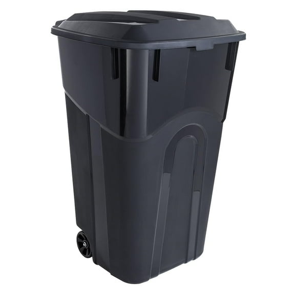 32 Gallon Wheeled Heavy Duty Plastic Garbage Can, Attached Lid, Black