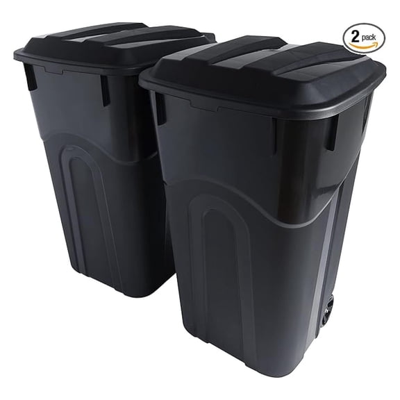 32 Gallon Wheeled Outdoor Garbage Can with Attached Snap Lock Lid and Heavy-Duty Handles, Black, Heavy-Duty Construction, Perfect Backyard, Deck, or Garage Trash Can, 2 Pack