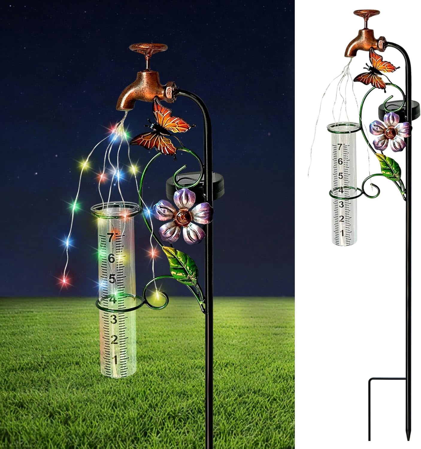32" Garden Rain Gauge with Thermometer - 7" Glass Tube for Outdoor Indoor Use, Patio Yard Decor Statue