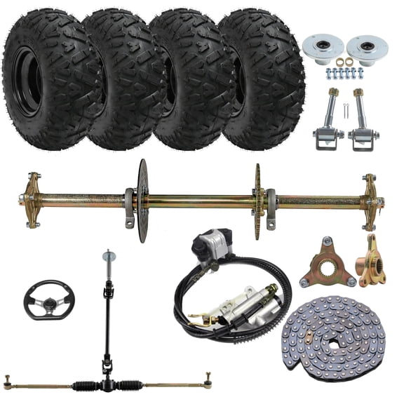 32" Go Kart Axle Kit, 810mm Rear Axle Kit with 145/70-6 Wheels Tires, Front Steering System, Brake Assembly, 420 Chain, DIY Live Axle Kit for Go Cart, ATVs, Quads, Drift Trikes Mini Bike
