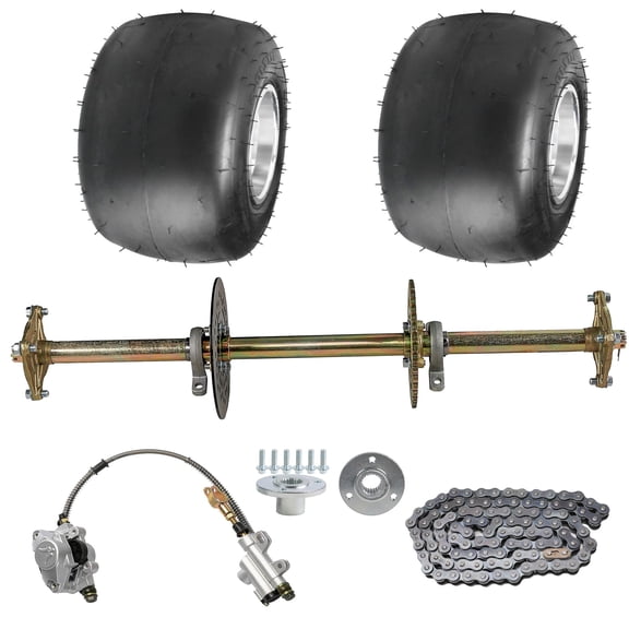 32" Go Kart Axle Kit Rear Axle with 5" Wheels, 11x7.10-5 Slick Tubeless Racer Tires, Smooth Tread, 3 Stud Hubs, Brake Master Cylinder for Go Kart, ATV Quad & Drift Trike DIY Parts Upgrade